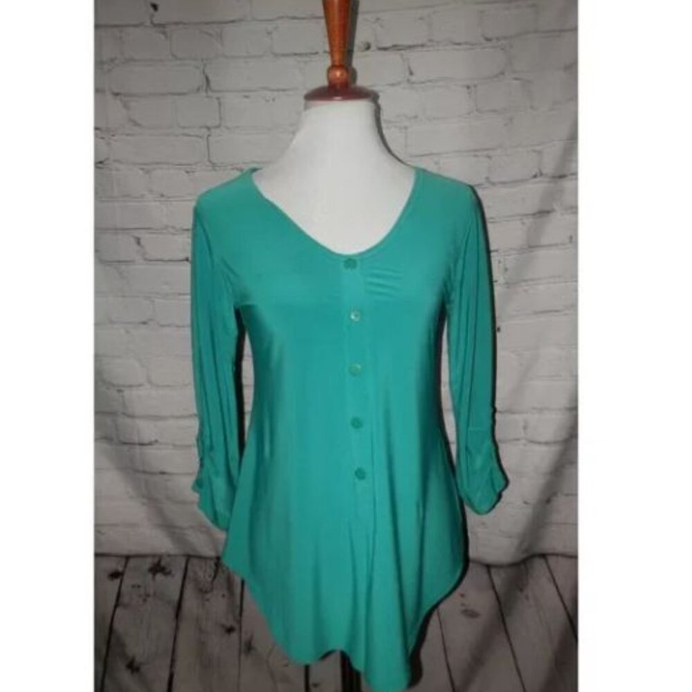 Sympli Top Blouse 6 Knit Green Buttons 3/4 Sleeve Small
